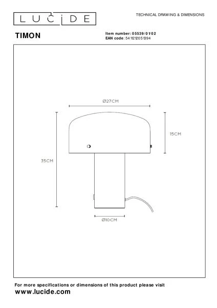 Lucide TIMON - Table lamp - 1xE27 - 3 StepDim - Matt Gold / Brass - technical